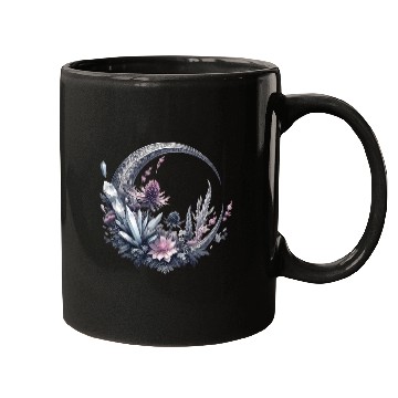 Discover Crescent moon in silver, with crystals and flowers Mugs
