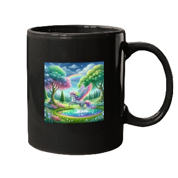Discover Enchanted Rainbow Unicorn Over Sparkling Pond Mugs