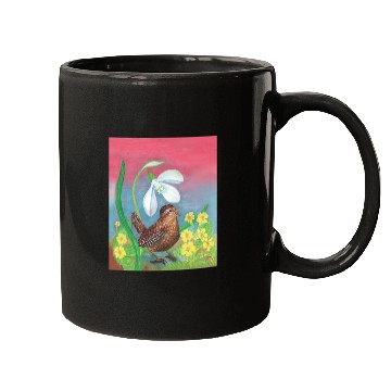Discover White Snowdrop & Wren Bird in Spring Illustration Mugs