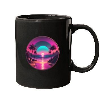 Discover Synthwave Beach Scene with Palm Trees and Sunset Mugs