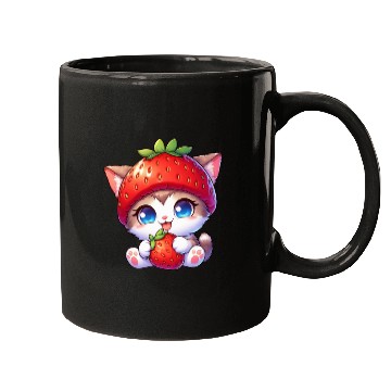 Discover Cat with strawberry hat cute fruity quirky Mugs