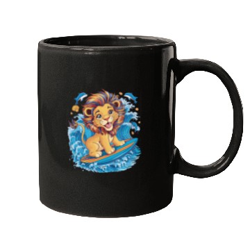 Discover Cute Surfing Lion Riding the Waves Mugs