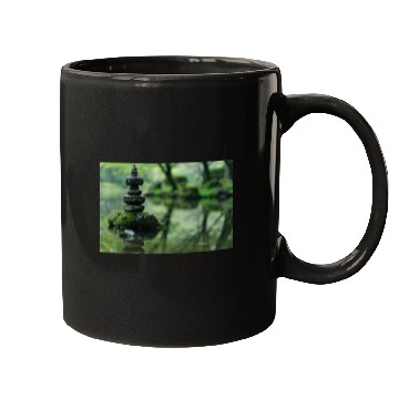 Discover Zen Stone Stack Reflected in Tranquil Pond Mugs