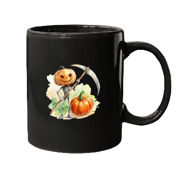 Discover Pumpkin headed skeleton wielding a menacing scythe Mugs