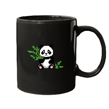 Discover A pixel art of a panda with a bamboo leaf Mugs