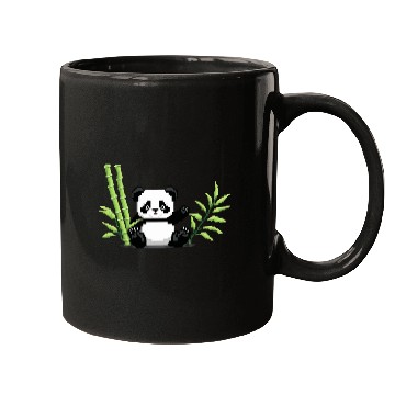 Discover A pixel art of a panda with a bamboo leaf Mugs