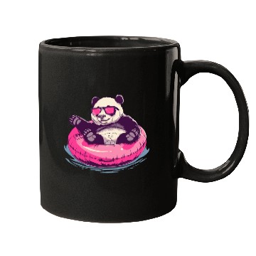 Discover Panda with sunglasses in a pink swimming ring Mugs