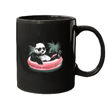 Discover Panda with sunglasses in a pink swimming ring Mugs