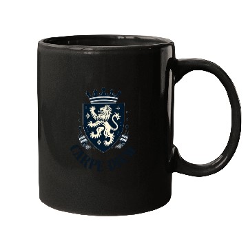 Discover Carpe Diem - Elegant Heraldic Crest With Lion and Mugs