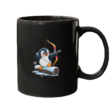 Discover Penguin Archer Aiming in Winter Snow Scene Mugs