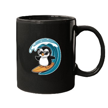 Discover Cool Surfing Penguin Riding the Waves Mugs