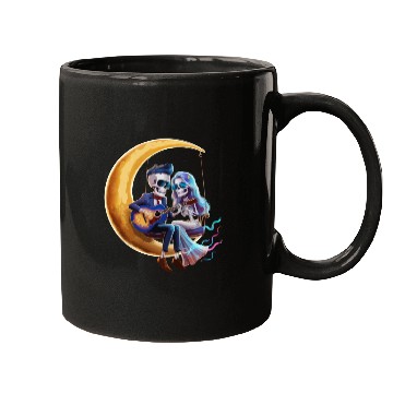 Discover Skeleton Playing Guitar with Girlfriend on Moon Mugs