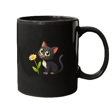 Discover Black kitten and yellow flower Mugs