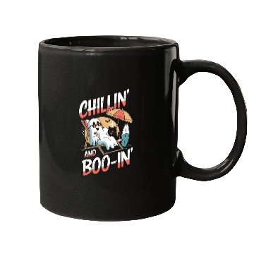 Discover Halloween Ghost and Cat Relaxing Beach Vacation Mugs