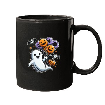 Discover Happy Ghost with Halloween Balloons and Bats Mugs