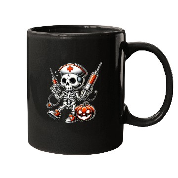 Discover Skeleton Nurse with Medical Syringes Halloween Mugs