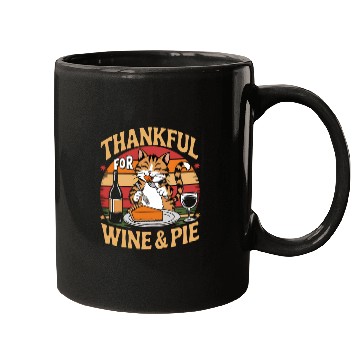 Discover Happy Cat Feasting on Wine and Pie - Thanksgiving Mugs