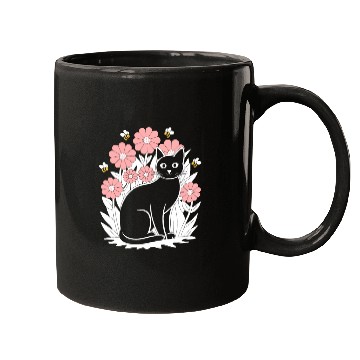 Discover Cottagecore Black Cat with Flowers and Bees Mugs