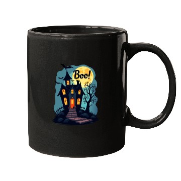 Discover spooky haunted house with a black cat sitting Mugs