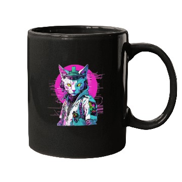 Discover Neon Cyberpunk Warrior Cat Mugs