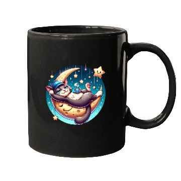 Discover Cute Cat Relaxing on Moon with Stars and Coffee Mugs