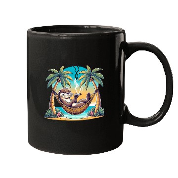 Discover Relaxed Otter in Hammock Smoking Cigar Under Palm Mugs