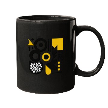 Discover Bold Black & White Geometric Pattern with Yellow Mugs