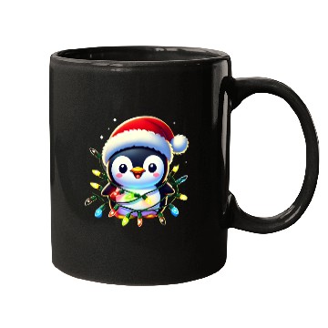 Discover Festive Penguin Wrapped in Christmas Lights & Sant Mugs