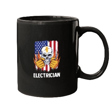 Discover Electrician Skull with American Flag Background Mugs