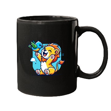 Discover cute lion cub playing with a colorful bird Mugs