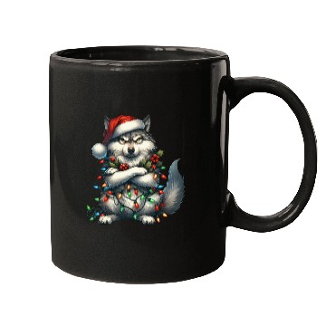 Discover Wolf with Santa Hat and Christmas Lights Design Mugs