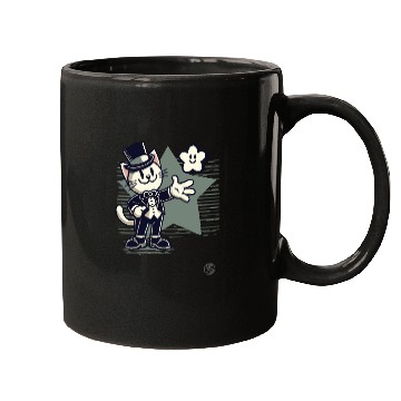 Discover Happy Retro Cartoon Cat in Tuxedo with Star Mugs
