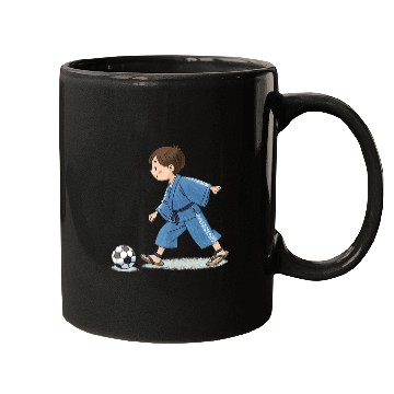 Discover Boy in kimono playing soccer Mugs