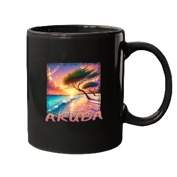 Discover Aruba Eagle Beach Sunset Palm Trees Grunge Mugs