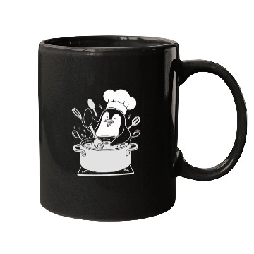 Discover Chef Penguin Cooking with Utensils in Pot Mugs