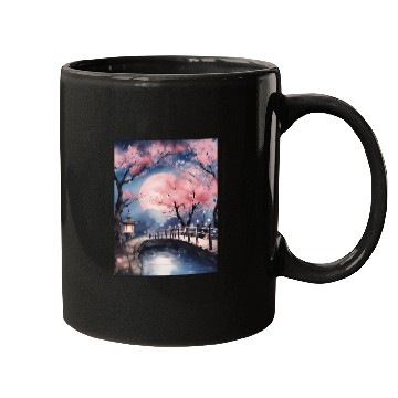 Discover Watercolor cherry blossom festival full moon Mugs