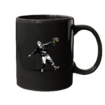Discover Banksy Protester Throwing Flowers Mugs