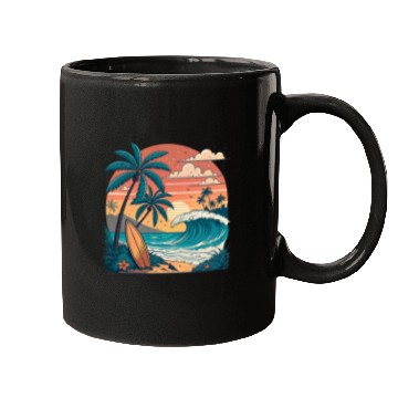 Discover Tropical Paradise Sunset Surfing and Palm Trees Mugs