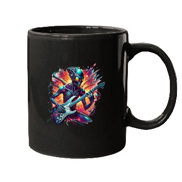 Discover Alien playing guitar with rainbow background Mugs