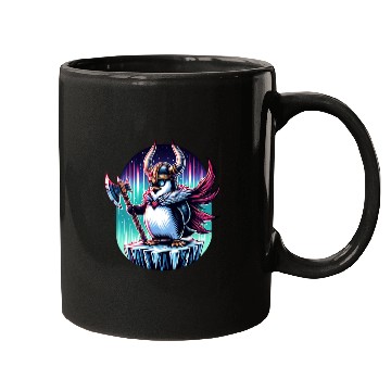 Discover Viking Penguin Warrior Under Northern Lights Mugs