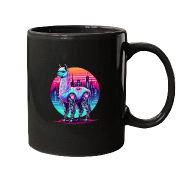 Discover Futuristic Cyber Llama in Neon Cityscape Mugs