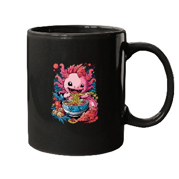 Discover Cute Axolotl Enjoying Bowl of Ramen in Vibrant Mugs