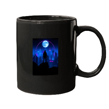 Discover Neon Futuristic Skyline with Glowing Moon Mugs