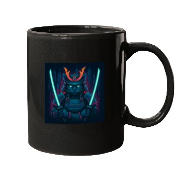 Discover A futuristic samurai cat in neon armor with glo Mugs
