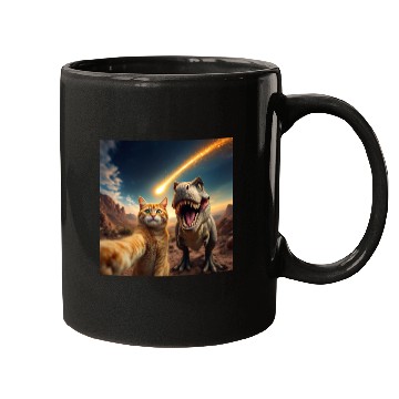 Discover Cat and Dinosaur Meteor Selfie Meme Funny Mugs