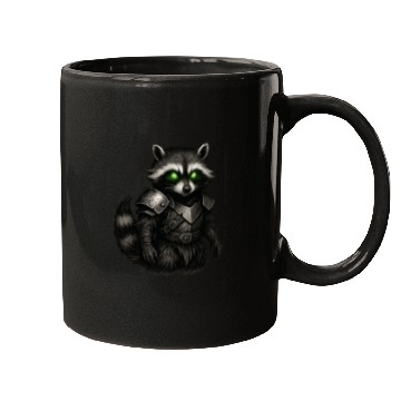 Discover Armored Forest Raccoon – Glowing-Eyed Fantasy Ward Mugs