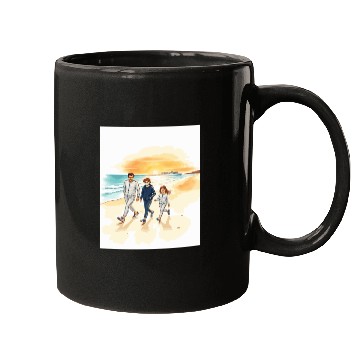 Discover family walking along the beach. Mugs