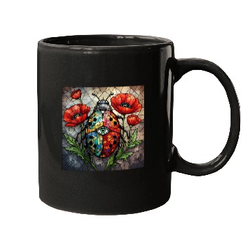 Discover Ladybug stained glass vibrant poppy flower insect Mugs