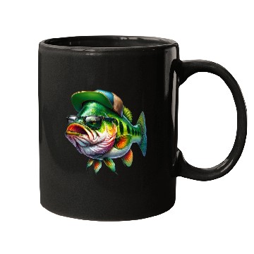 Discover Cool Bass Fish with Green Hat and Glasses Mugs