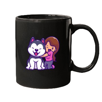 Discover Cute Girl Hugging Playful Husky Design Mugs